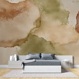 Home office space with abstract watercolor wall mural creating a peaceful workspace
