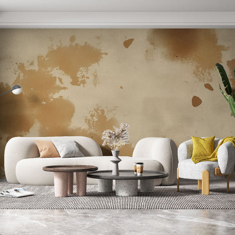 Abstract beige watercolor splash wallpaper creating a peaceful atmosphere in a modern living room with minimalist furniture