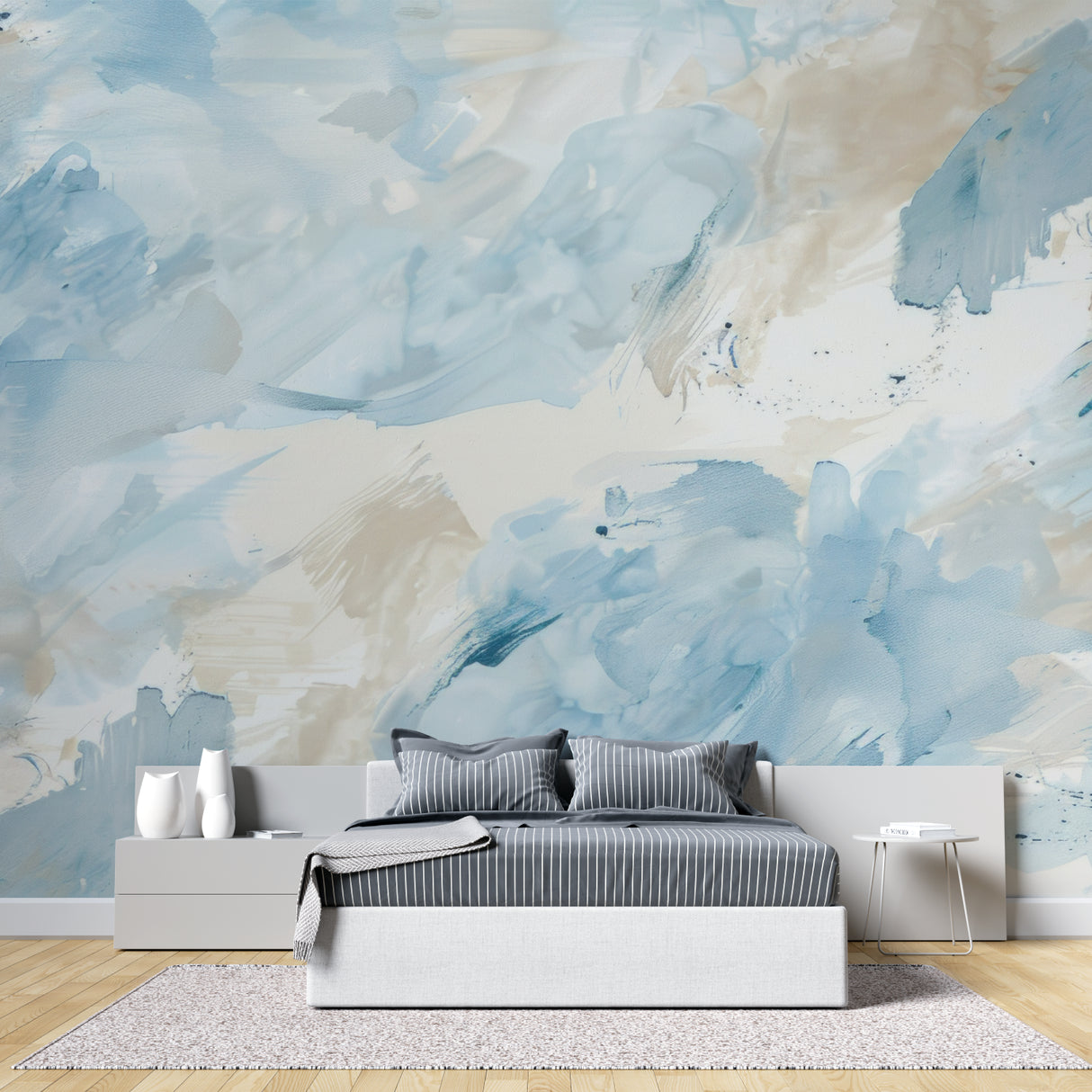 Blue and beige abstract wall mural brightening a minimalist bedroom space