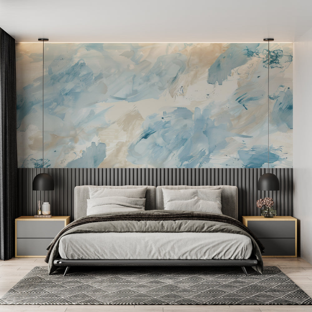 Watercolor wall mural adding artistic flair to a home office setting