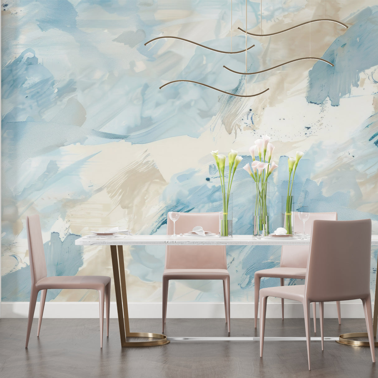 Abstract blue watercolor wallpaper creating depth in a dining room