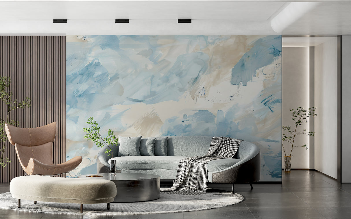 Modern abstract mural transforming an entrance hallway with flowing design