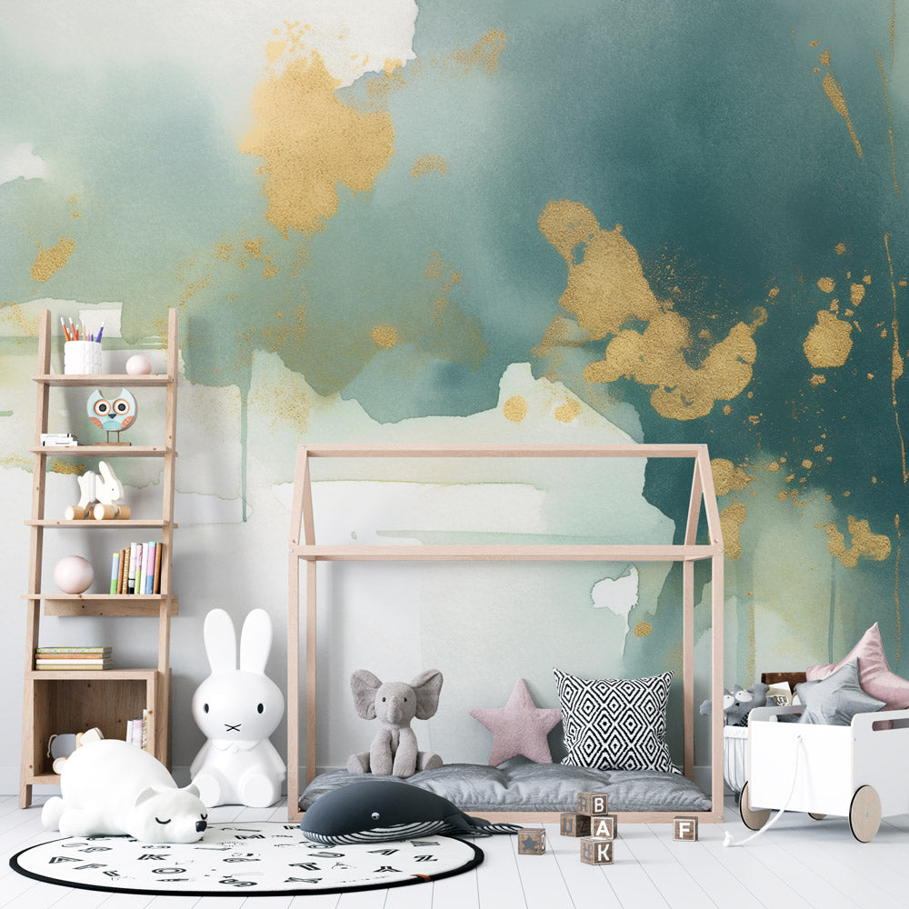 Abstract green and gold cloud wallpaper in modern living room creating serene atmosphere with natural light