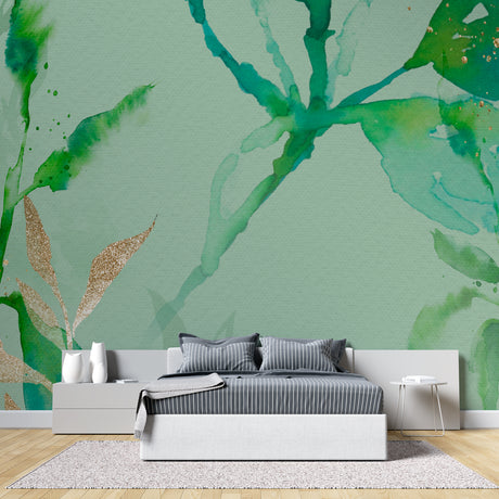 Green and gold watercolor wallpaper in modern living room creating a sophisticated atmosphere