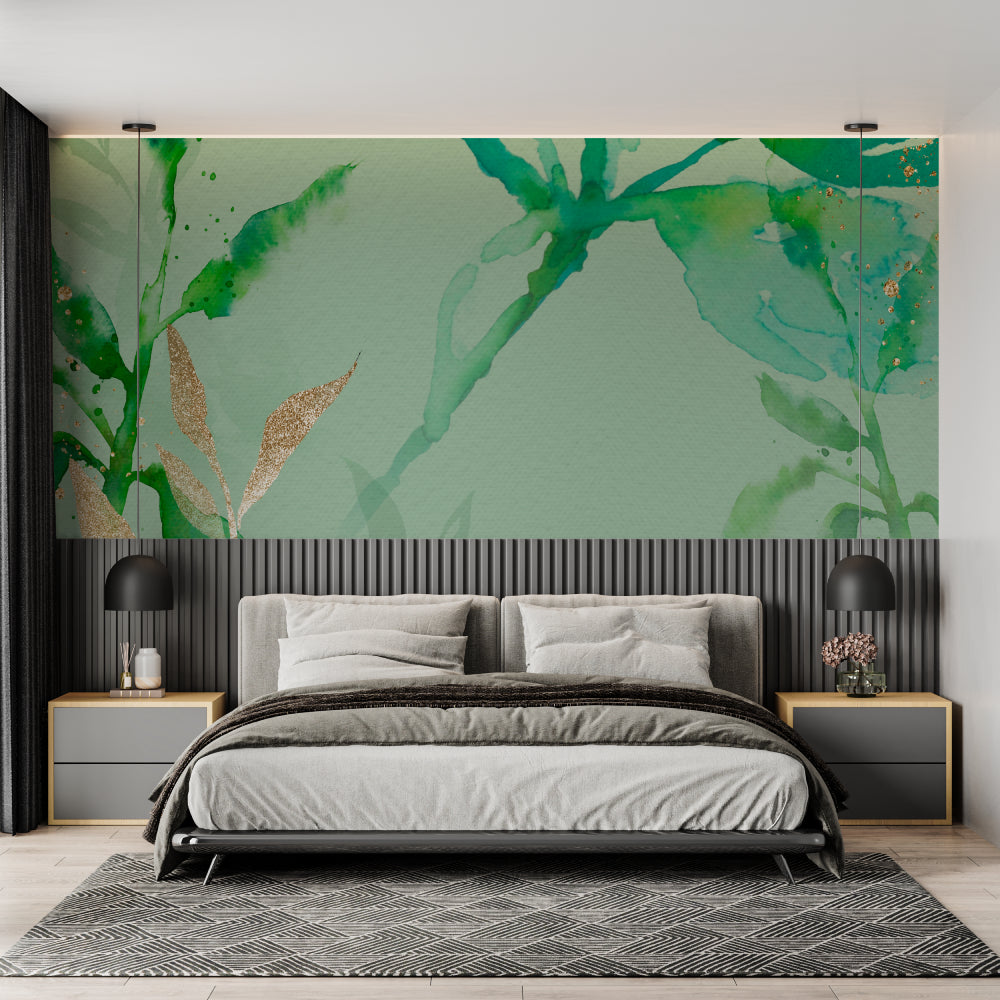 Abstract watercolor mural featured in master bedroom showing flowing green and gold patterns