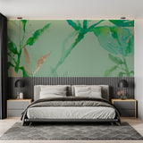Abstract watercolor mural featured in master bedroom showing flowing green and gold patterns