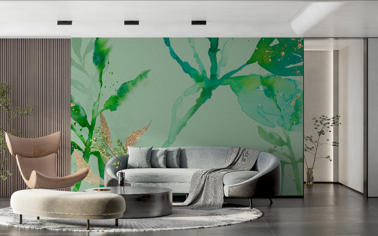 Green and gold abstract wallpaper in dining room with natural lighting