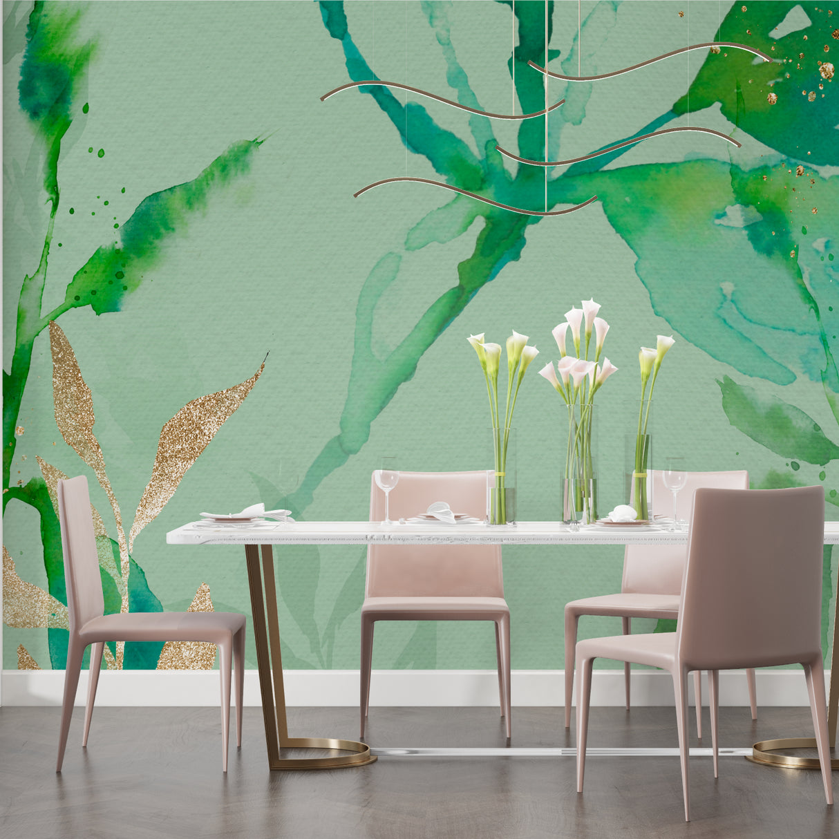 Watercolor wall mural showcased in home office with minimal furniture