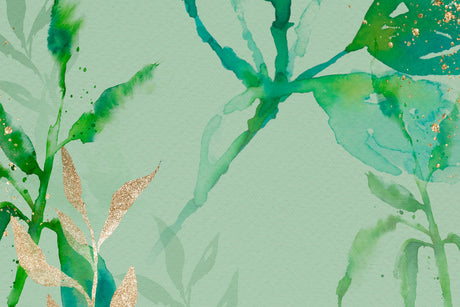 Design file showing detailed watercolor pattern with green tones and gold leaf accents