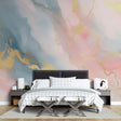 Abstract marble wallpaper with gold accents creating a soft, dreamy atmosphere in a modern living room setting