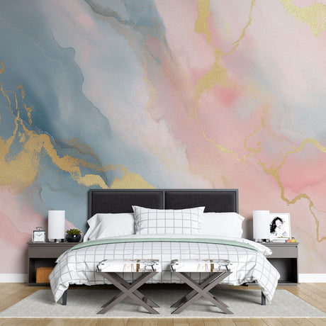 Abstract marble wallpaper with gold accents creating a soft, dreamy atmosphere in a modern living room setting