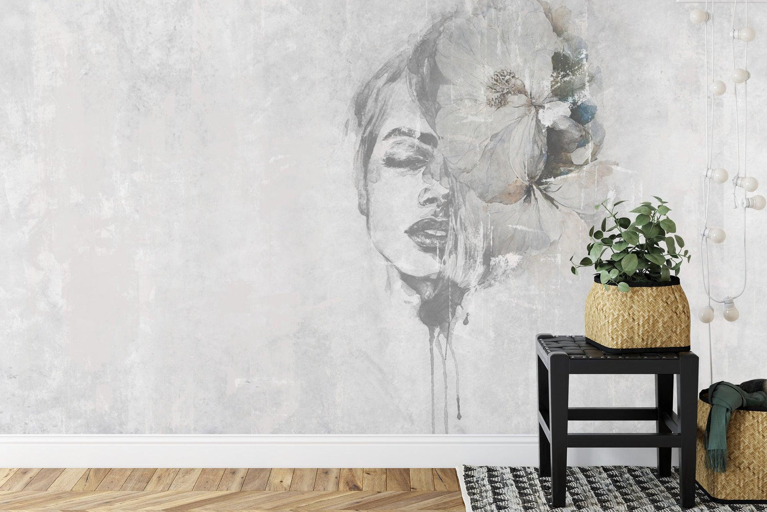 Abstract portrait mural wallpaper adding elegance to a master bedroom feature wall