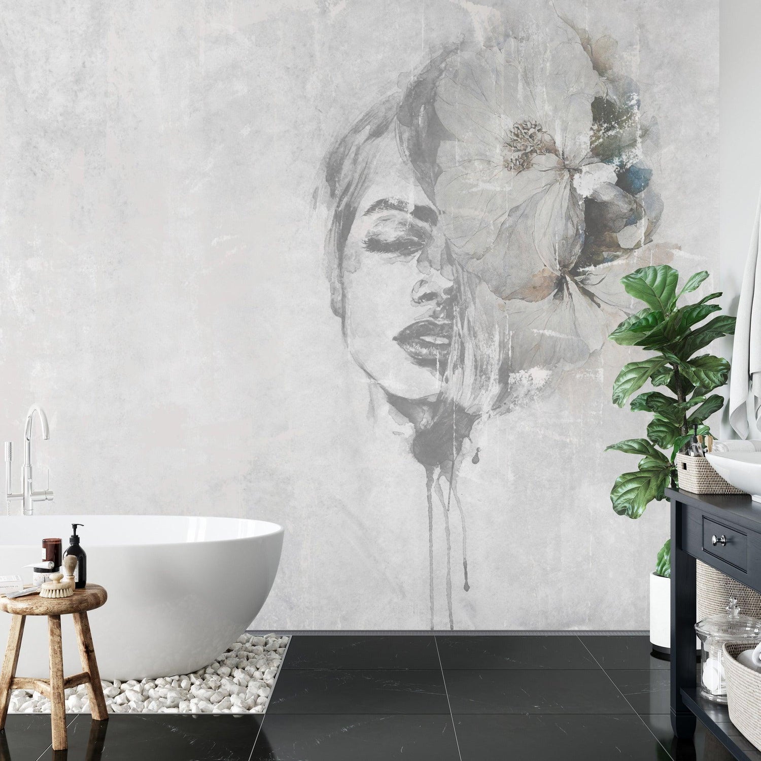 Monochromatic portrait wall mural bringing artistic flair to a home office space