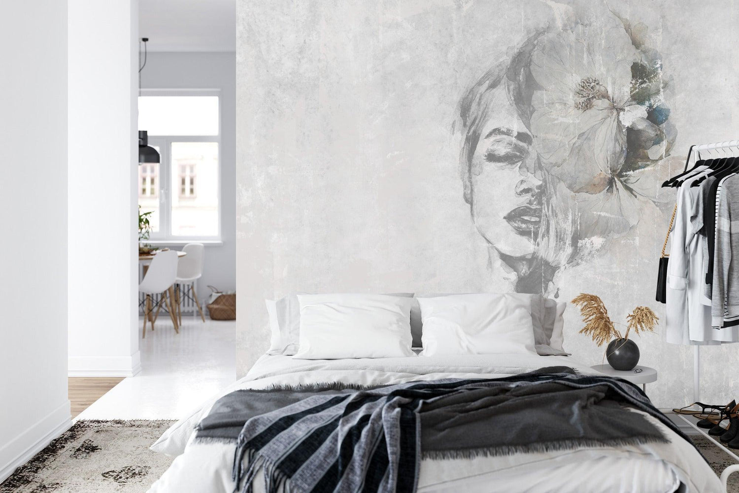 Watercolor floral portrait wallpaper transforming a dining room with soft gray tones