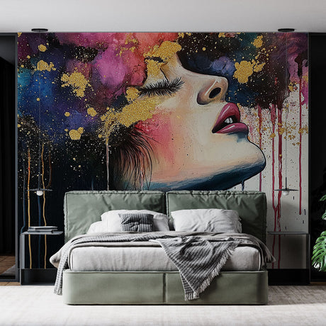 Abstract portrait wallpaper with gold details creating drama in a modern living room with minimal furniture