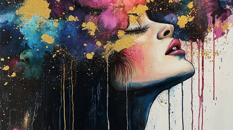 Watercolor portrait wallpaper design file showing intricate gold splatter details on deep background