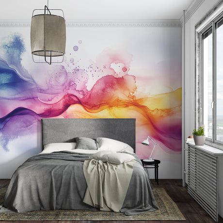 Rainbow watercolor wallpaper in modern living room creating artistic focal point with flowing colors