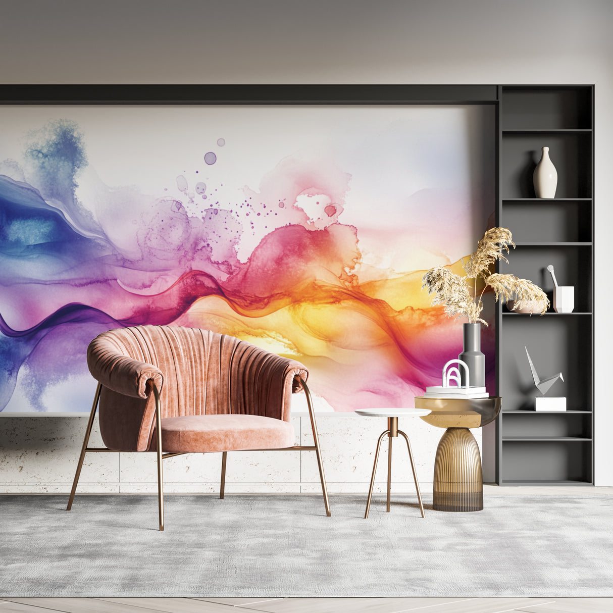 Abstract watercolor mural in bright bedroom showing rainbow color transitions