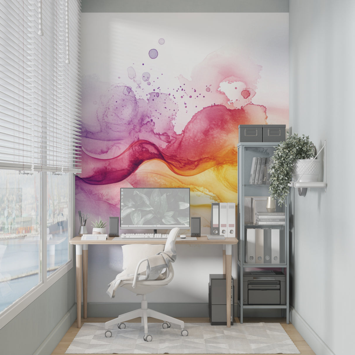 Watercolor rainbow wall mural in home office space highlighting creative atmosphere