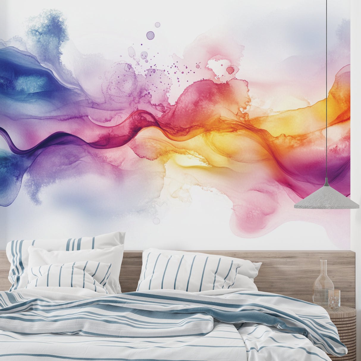 Modern abstract wallpaper displayed in dining room with natural lighting
