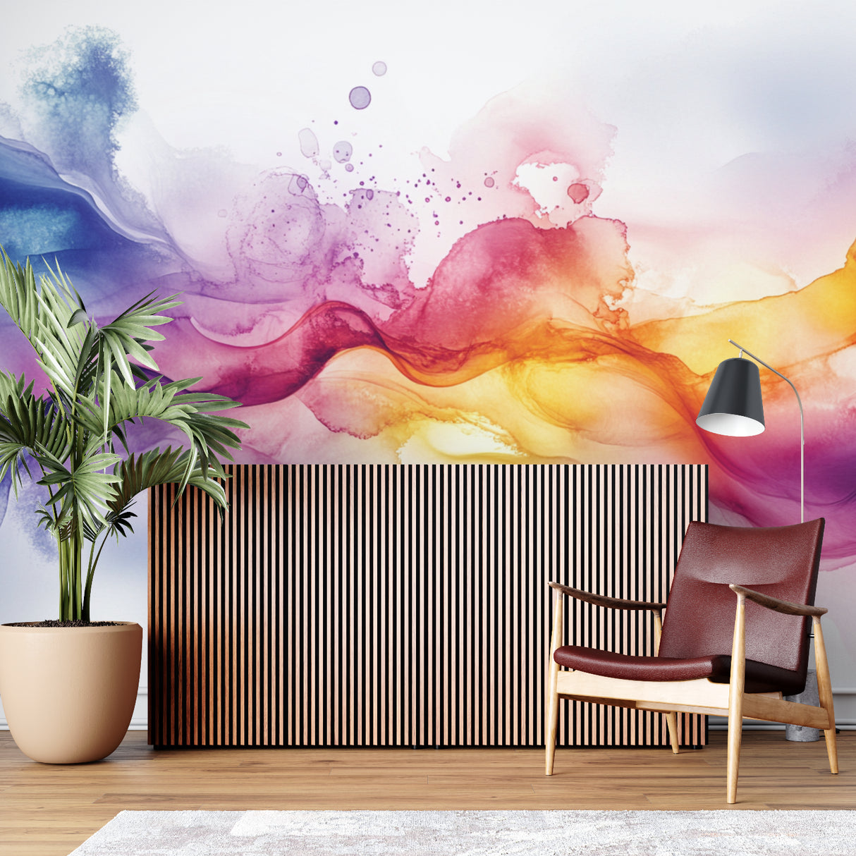Rainbow flow wallpaper creating artistic accent wall in minimal hallway