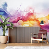 Rainbow flow wallpaper creating artistic accent wall in minimal hallway