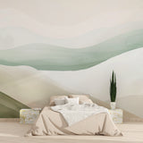 Watercolor wave wallpaper creating serene atmosphere in master bedroom