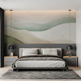 Minimalist hallway with flowing watercolor wallpaper design