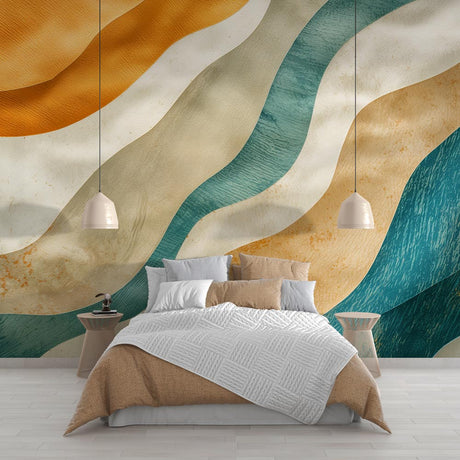 Abstract wave wallpaper creating a calming atmosphere in a modern living room with natural light and minimal furniture