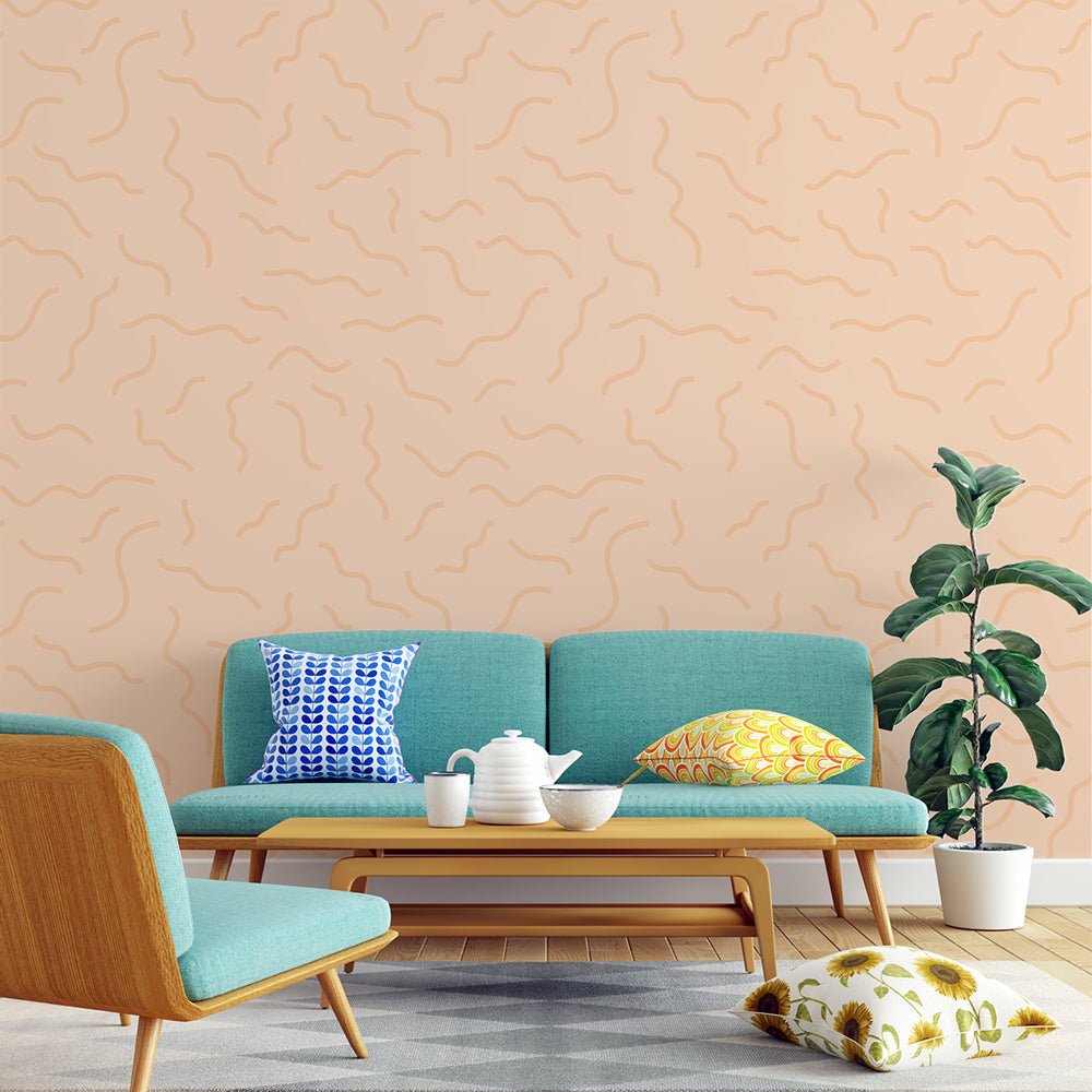 Abstract wavy lines wallpaper in modern minimalist living room, creating a serene and sophisticated atmosphere