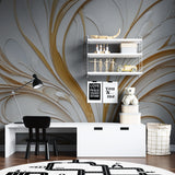 Hallway with modern abstract wallpaper in white and gold curves