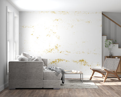 White and gold speckled wallpaper in modern living room with natural light highlighting metallic accents