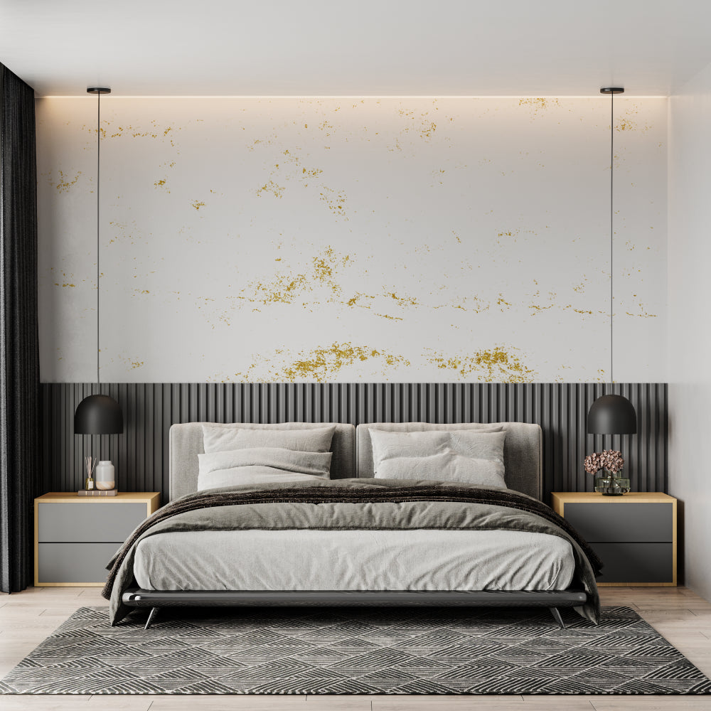 Abstract white and gold wallpaper creating elegant dining room atmosphere