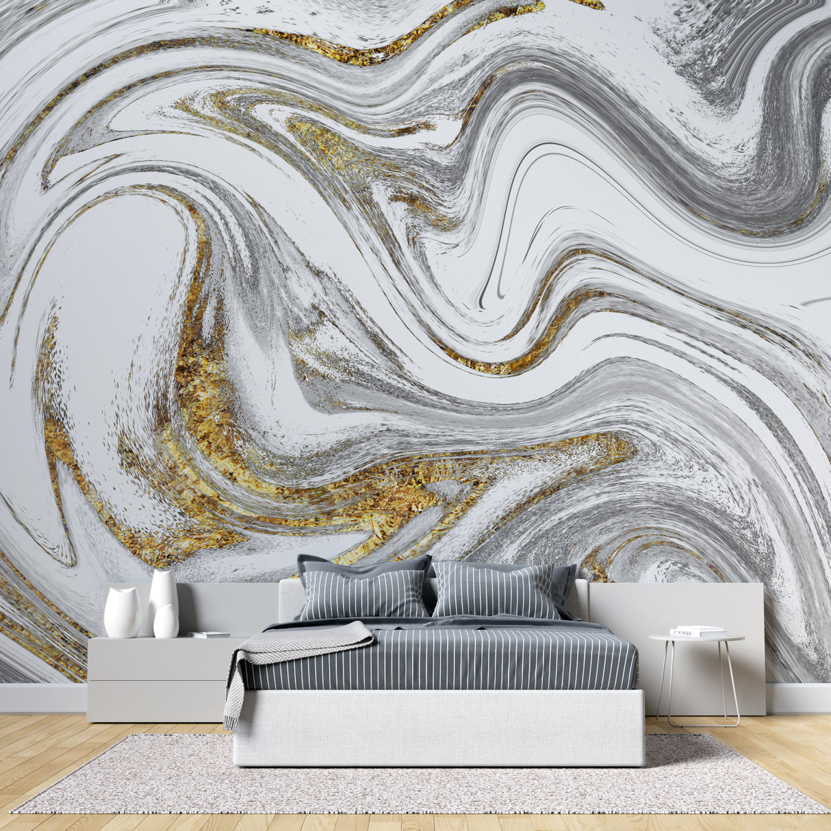 Marble and gold wallpaper in modern living room setting, creating an elegant backdrop for grey furniture