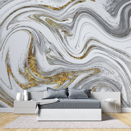 Marble and gold wallpaper in modern living room setting, creating an elegant backdrop for grey furniture