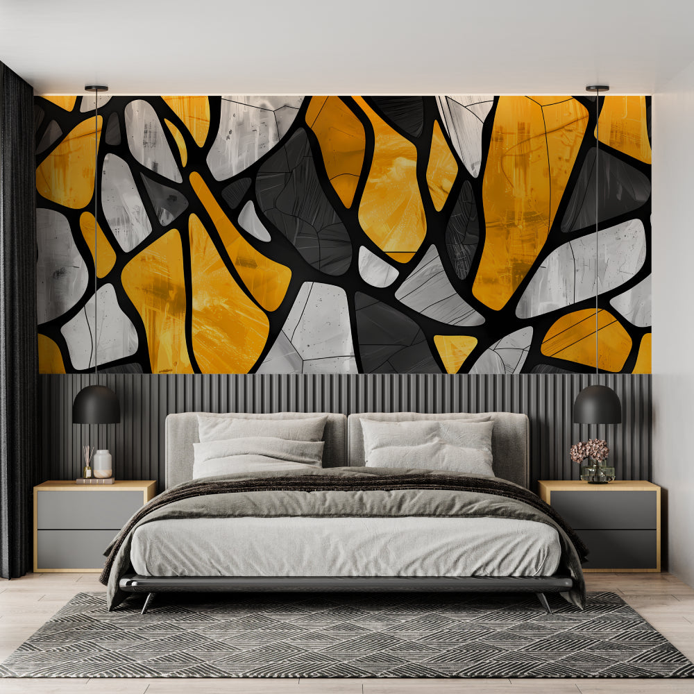 Abstract geometric wallpaper bringing energy to dining room space