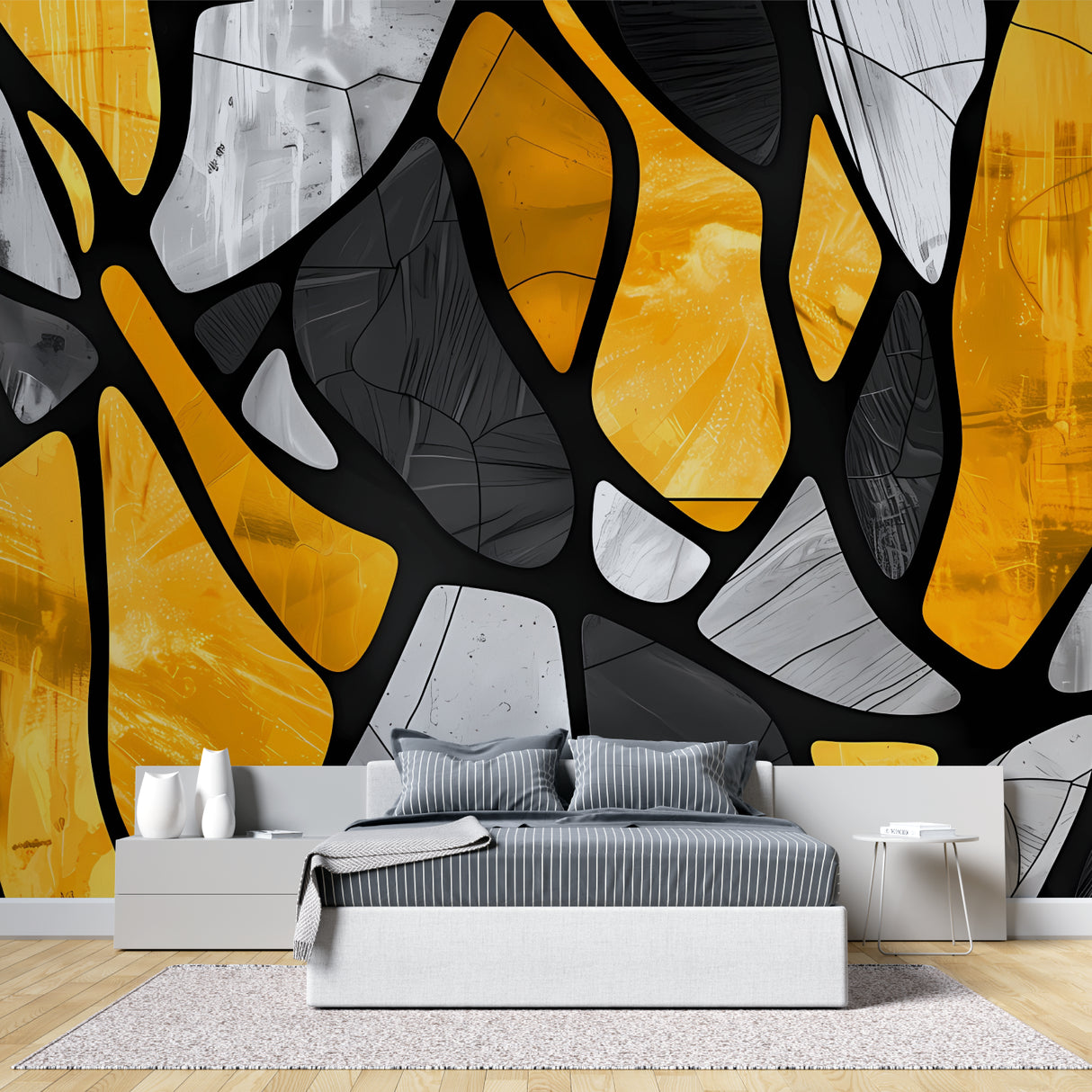 Modern hallway with yellow geometric pattern wall design