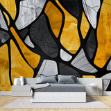 Modern hallway with yellow geometric pattern wall design