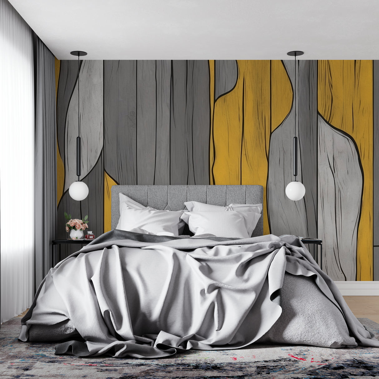 Yellow and grey abstract wall design enhancing a modern bedroom interior