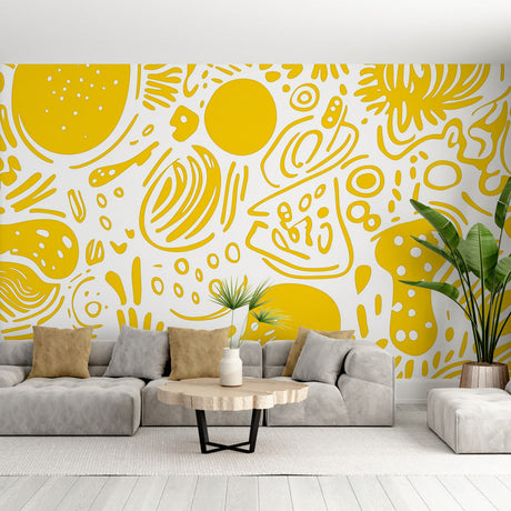 Modern yellow abstract wallpaper creating a bright focal point in a minimalist living room setting
