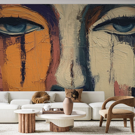 Abstract portrait mural wallpaper bringing artistic flair to a modern living room with clean furniture and natural light
