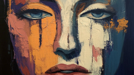 Abstract face portrait wallpaper design file showing textured brushstrokes and bold color palette