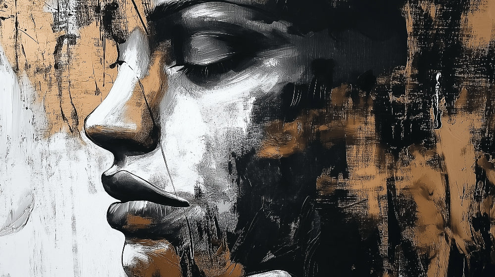 Abstract Portrait design file showing detailed black and gold face pattern