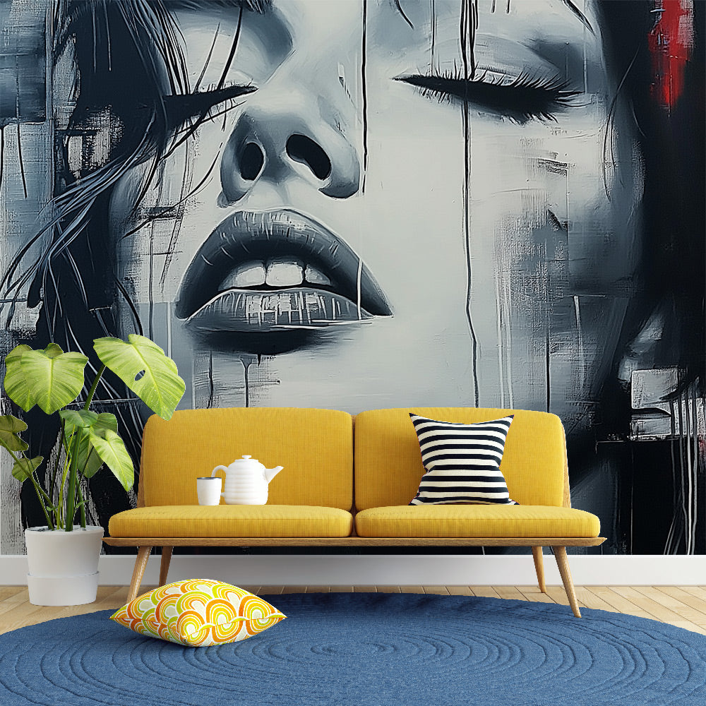 Modern abstract portrait wallpaper creating a dramatic focal point in a minimalist living room with high ceilings