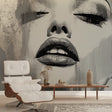 Abstract portrait wallpaper creating dramatic impact in modern living room with minimalist furniture