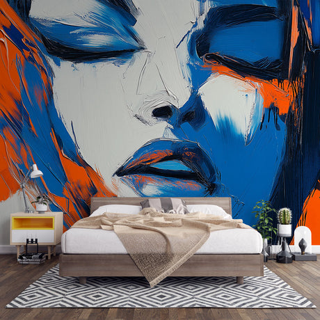 Abstract portrait wallpaper creating dramatic impact in modern office space, blue and orange tones complementing contemporary furniture