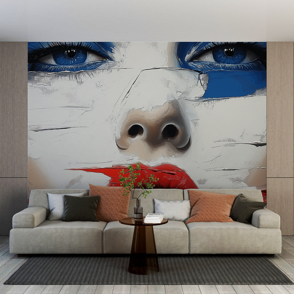 Abstract portrait wallpaper with blue eyes and red lips creating a dramatic focal point in a modern living room setting