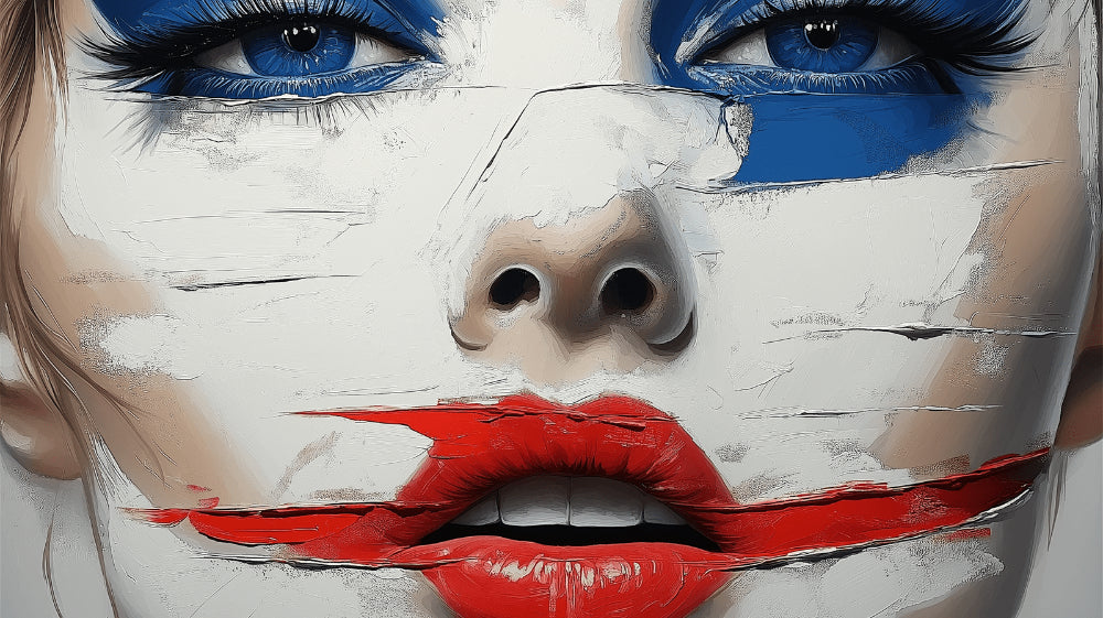Design file of abstract portrait art featuring intense blue eyes and red lips on white background