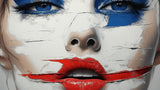 Design file of abstract portrait art featuring intense blue eyes and red lips on white background