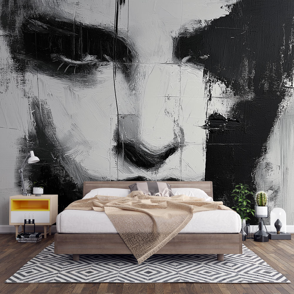 Abstract portrait wallpaper creating a dramatic focal point in a modern living room with minimal furniture